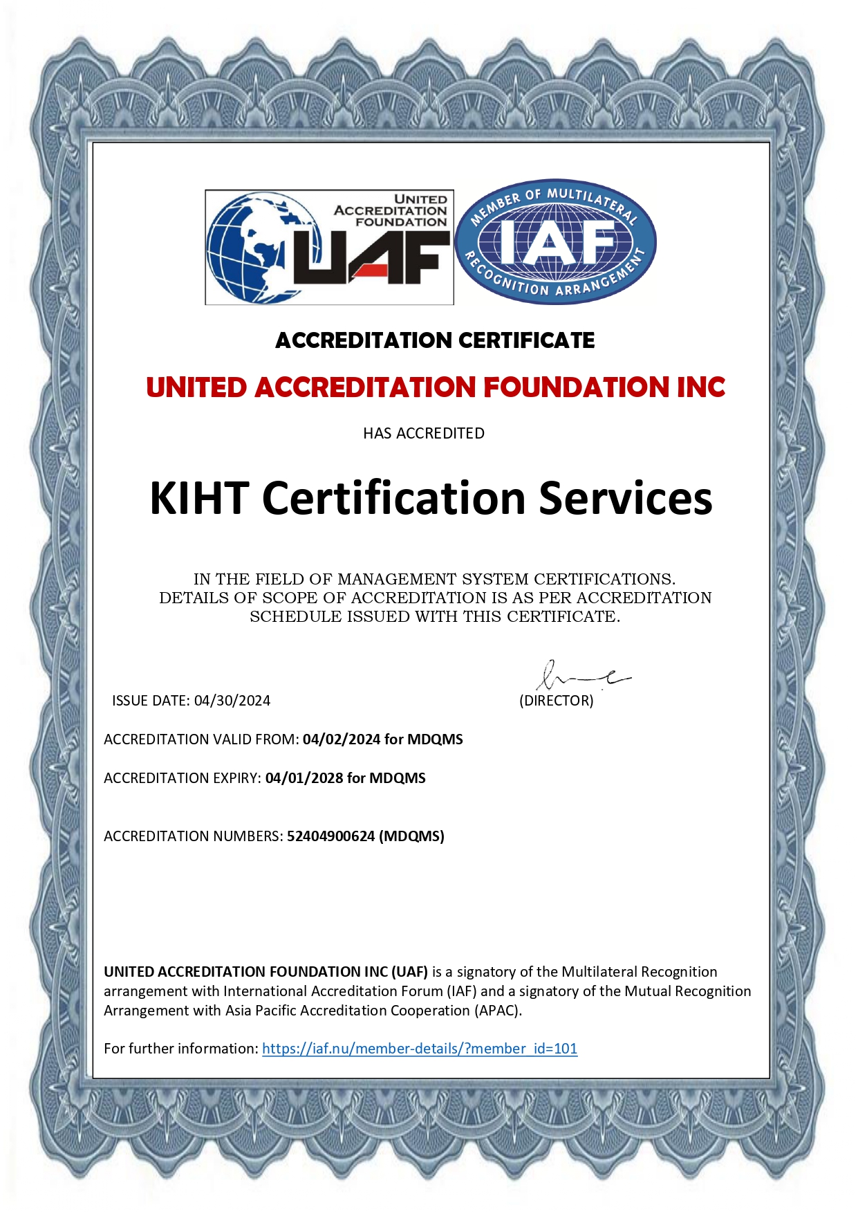 Accreditation Certificate by United Accreditation Foundation INC has accredited KIHT Certification Services - KCS