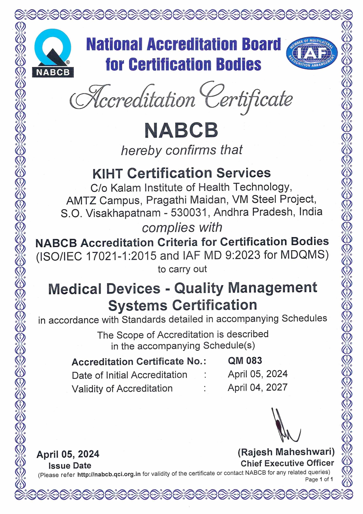 National Accreditation Board for Certification Bodies - NABCB of KIHT certification services - KCS